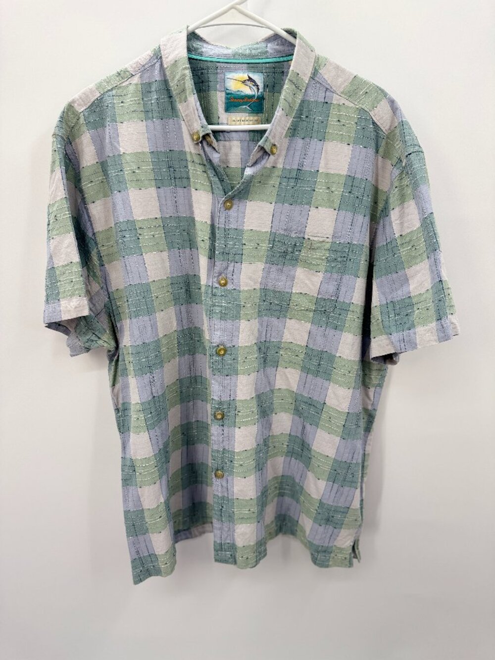 Tommy Bahama Silk Cotton Plaid Button Up Shirt XXL Green Blue Island Modern Fit